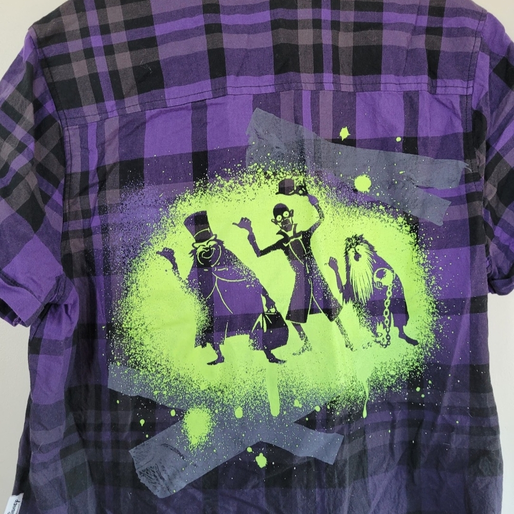 Haunted Madion Hitchhiking Ghost Disney Purple and Black Plaid Shirt